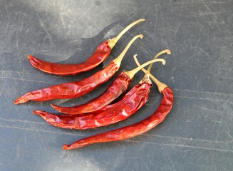 five red hot chili peppers with a grey background