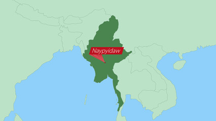 Map of Myanmar with pin of country capital.