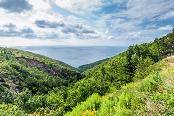Skyline Trail, view of the ocean from hills of Cape Breton Highlands National Park.