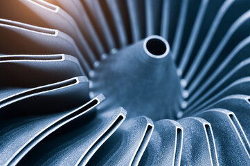 Fototapeta Steel blades of turbine propeller 3D printing. Close-up view. In B/W. Selected focus on foreground obraz