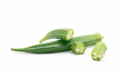 whole and slices okra or Lady Finger over on white background,
