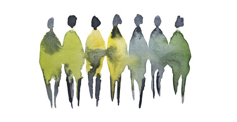 Watercolor silhouette of people, human figures, man, woman, drawn in different colors, isolated design elements on white background