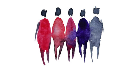 Watercolor silhouette of people, human figures, man, woman, drawn in different colors, isolated design elements on white background