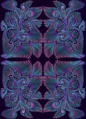 Eleagant vintage psychedelic trippy colorful mandala pattern. Gradient neon outline violet, pink, blue colors, isoladen on black background.