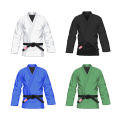Set of Bjj kimonos in different colors with black belt vector realistic illustration. White, black, green, blue BJJ gi with black belt. Isolated on white background. - obrazy, fototapety, plakaty