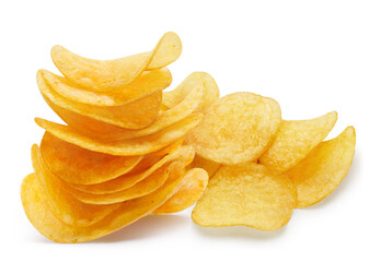 Tasty potato chips, isolated on white background
