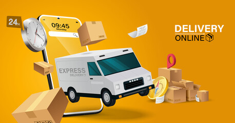 Illustration of online delivery service via mobile application.
Online Order Tracking Home and office delivery service.City logistics. Warehouse, truck, forklift, courier, delivery man, on mobile.