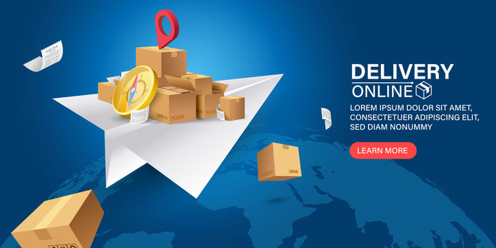 Worldwide parcel delivery illustration.Parcel boxes are on express delivery paper planes around the world.Online Order Tracking Home and office delivery service.City logistics. Warehouse, truck