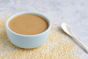 Close up of traditional oriental sause tahini in a ceramic bowl and sesame seeds on light grey background. Selective focus. Blurred background.