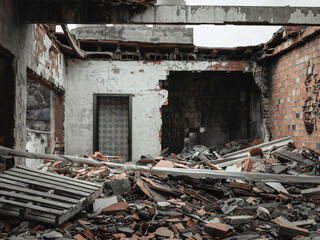 Interior of ruined, abandoned building. The ruins of an abandoned ruined house.