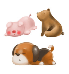 set of animals isolated pig dog bear watercolor