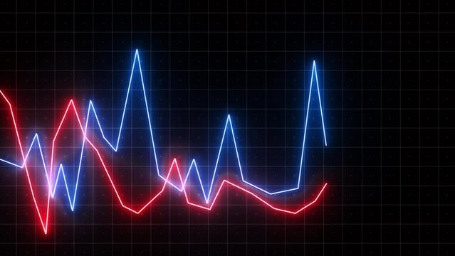 Colorful moving chart lines. Motion. Graphic lines moving in waves on black background. Moving neon lines of graph. Business animation