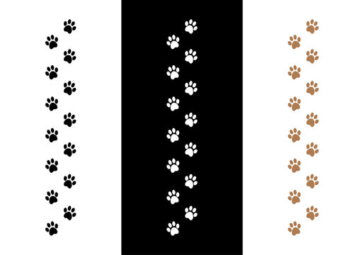 Black, white and brown animal dog footprints set isolated on black and white backgrounds. Vector illustration