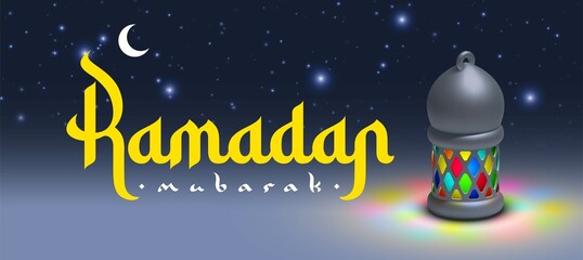 Ramadan Kareem holiday Realistic 3d cartoon cute design. Celebrate Ramadhan Holy month in Islam. Background crescent with lantern and night starry sky. Arabic calligraphy Ramadan Kareem Festive banner