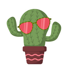 Green cactus in a pot and sunglasses in a flat style. Vector image.