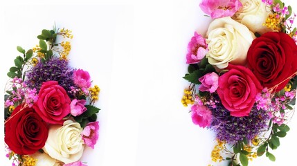 A festive bouquet with red and white roses and a branch of purple onion on a white background. Background for a greeting card.
