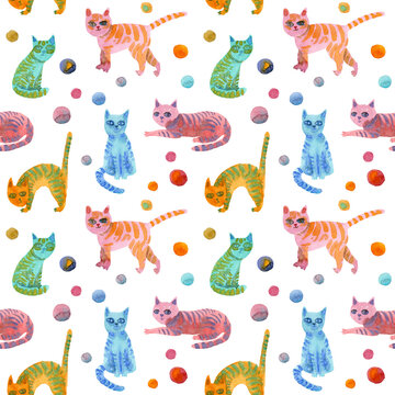 Seamless pattern of bright colorful cats painted in watercolor in sketch style on a white background.
