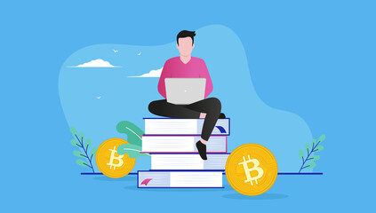 Learn about Bitcoin - Person sitting on books with laptop educating him self on cryptocurrencies - obrazy, fototapety, plakaty