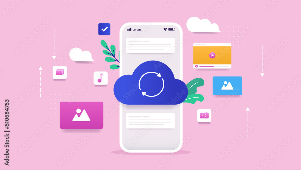 Poster Phone cloud storage - Smartphone with loading and cloud symbol synchronising media and files. Vector illustration