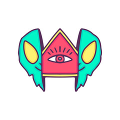 Two half of alien head with triangle and one eye inside, illustration for t-shirt, street wear, sticker, or apparel merchandise. With doodle, retro, and cartoon style.