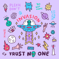 Set of cute space theme doodle cartoon. alien, rockets, planet, UFO, sun, moon, comet, stars. illustration for t shirt, poster, logo, sticker, or apparel merchandise.