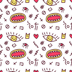 Hipster one eye, mouth, and abstract object on white background seamless pattern. Modern vintage, pop art style seamless pattern concept.