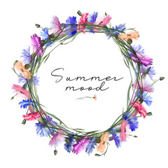 Wreath of watercolor colorful cornflowers, illustrations on a white background