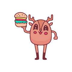 Kawaii deer mascot holding hamburger, illustration for t-shirt, street wear, sticker, or apparel merchandise. With doodle, retro, and cartoon style.