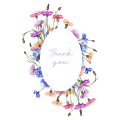 Oval frame of watercolor colorful cornflowers, illustrations on a white background, Thank you card design