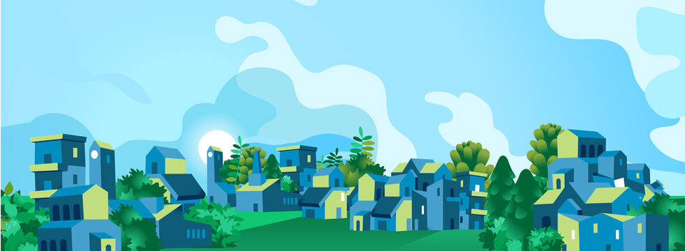 Cartoon town green city village skyline vector illustration
