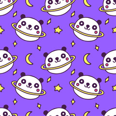 Kawaii planet panda with moon and stars on purple background seamless pattern. Modern vintage, pop art style seamless pattern concept.