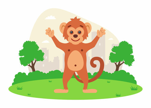 brown monkey in full growth in a clearing. flat vector illustration.