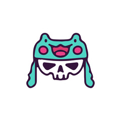 Skull head with frog hat, illustration for t-shirt, street wear, sticker, or apparel merchandise. With doodle, retro, and cartoon style.