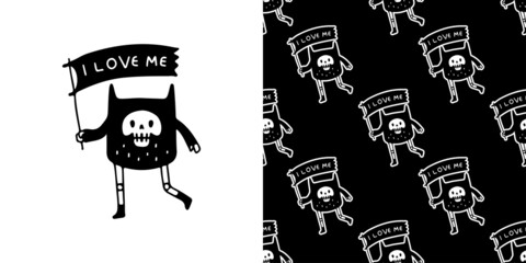 Funny cat skull with i love me flags typography on black background seamless pattern. Modern vintage, pop art style seamless pattern concept.