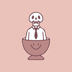 Businessman skull inside cup of coffee, illustration for t-shirt, street wear, sticker, or apparel merchandise. With doodle, retro, and cartoon style.