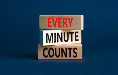 Every minute counts symbol. Concept words Every minute counts on wooden blocks on a beautiful grey table grey background. Business, motivational and every minute counts concept. Copy space.