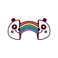 Two half of panda bear head with rainbow inside, illustration for t-shirt, street wear, sticker, or apparel merchandise. With doodle, retro, and cartoon style.