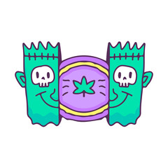 Two half of Frankenstein head with marijuana leaf inside, illustration for t-shirt, street wear, sticker, or apparel merchandise. With doodle, retro, and cartoon style.