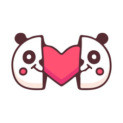 Two half of panda bear with heart inside, illustration for t-shirt, street wear, sticker, or apparel merchandise. With doodle, retro, and cartoon style.