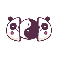 Two half of panda with yin yang symbol inside, illustration for t-shirt, street wear, sticker, or apparel merchandise. With doodle, retro, and cartoon style.