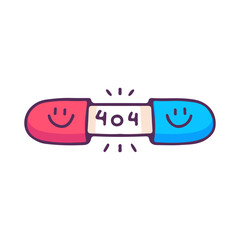 Two half of pills capsule with 404 code inside, illustration for t-shirt, street wear, sticker, or apparel merchandise. With doodle, retro, and cartoon style.