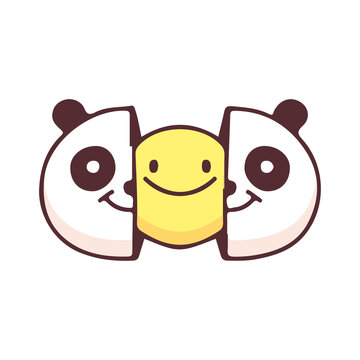 Two half of cute panda head with smile face inside, illustration for t-shirt, street wear, sticker, or apparel merchandise. With doodle, retro, and cartoon style.