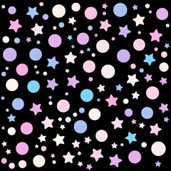Colorful stars and circles pattern on the black background. Vector illustration.