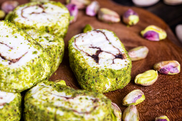soft Turkish delight confection with pistachio nuts and chocolate