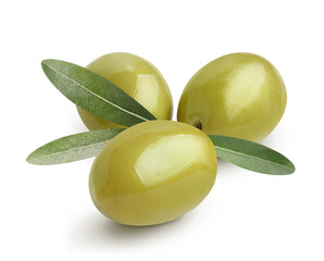 Delicious green olives with leaves, isolated on white background