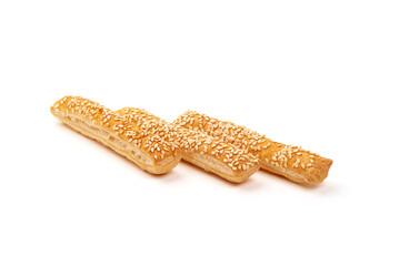 Cheese stick, Breadsticks with sesame, isolated on white background.