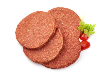 Raw burger cutlets, ingredients for hamburger, isolated on white background.