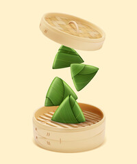 Realistic Detailed 3d Chinese Rice Dumpling Wrapped by Green Bamboo Leafs Falling Bamboo Steamer Dragon Boat Festival Concept . Vector illustration of Zongzi