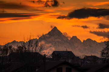 Stunning sunset over the Monviso (Mount Viso), in the italian Alps