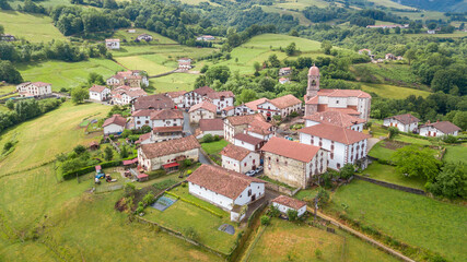 aerial view of ziga rural town in baztan valley, Spain